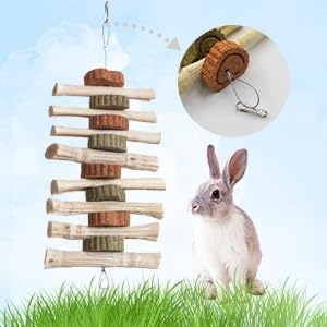 4 PCS Rabbit Chew Toys for Teeth Grinding, Delicious Bunny Cage Hanging Chew Toys, Natural Sweet Bamboo Chew Sticks and Timothy Grass Cake Hay Treats Maintaining Healthy Teeth for Rabbits