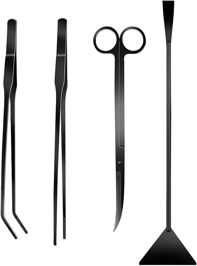 4Pcs Aquascaping Tools Kit, Long Stainless Steel Aquarium Plant Tools with Black Anti-rust Coating, Aquarium Tweezers, Scissors, and Scrapers for Aquascaping Cleaning（Magnetic Tool Holder）