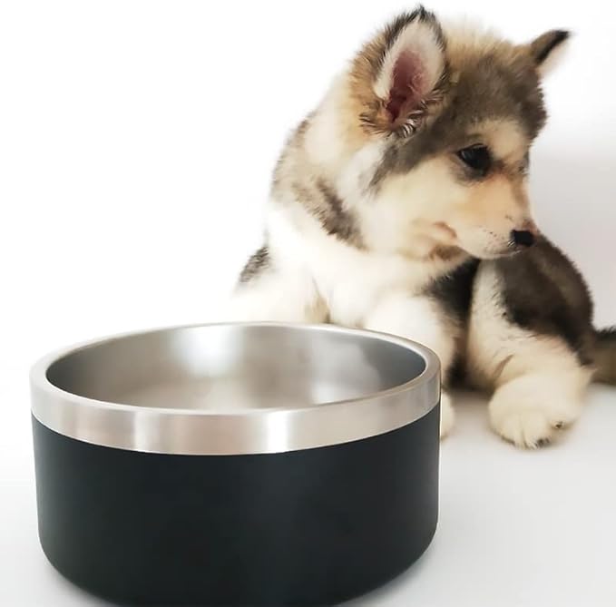 64 oz Black Anti-Skid Dog Bowl, Vacuum Insulated, Powder Coated, Stainless Steel, Non-Slip, Easy to Clean