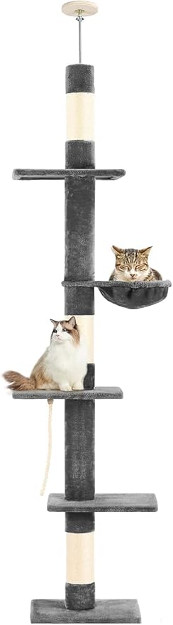 Cat Tree 5-Tier Floor to Ceiling, 89-109 Inch Adjustable Height Cat Tower with Cozy Hammock, Cat Climbing Tree for Indoor Cats, Darkgrey