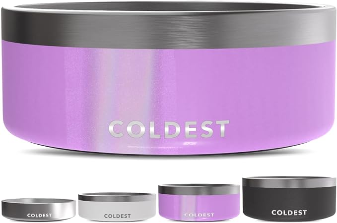 Coldest Dog Bowl - Anti Rust Metal, Non Slip, 3 Layers Insulated Stainless Steel Dog Bowls - Spill Proof & Heavy Duty - Water Bowl for Dogs, Cats, Dish Washer Safe (64 oz, Saturns Purple Glitter)