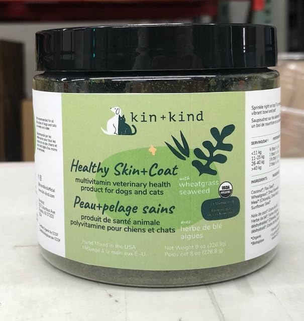 kin+kind Organic Multivitamin for Dogs & Cats - Pet Supplement for Healthy Skin and Coat - Safe, Natural Formula with Wheatgrass, Kelp, Seaweed and Coconut - Made in USA - 4oz (Medium)