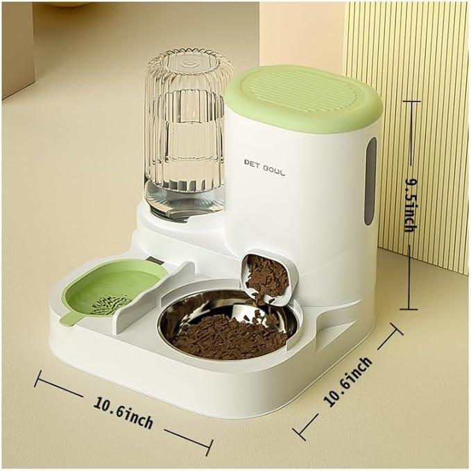 Automatic Cat Feeder & Water Dispenser - Dual Container for Dry/Wet Food, Two-in-One Upgraded Gravity Feeder and Water Dispenser Combo Set for Cats and Dogs.(Green)