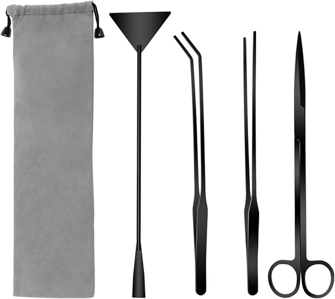 Quarium Aquascape Tools Kits, 4 in 1 Anti-Rust Aquatic Plant Aquascaping Tool Stainless Steel Black Tweezers Scissors Spatula for Aquarium Tank Clean Fish Tank Aquascape Tools Sets (black)