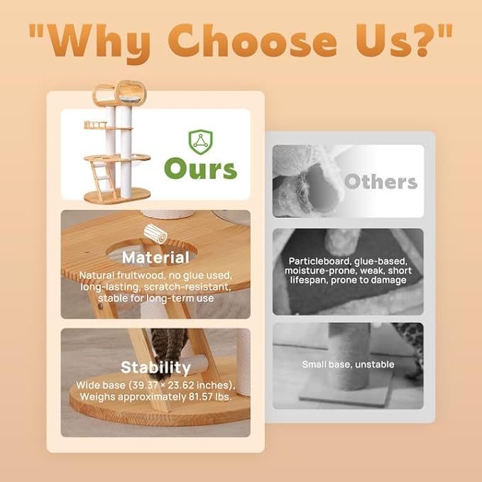 63.6'' Modern Cat Tree Indoor, Solid Wood Cat Tree with Scratching Post for Multi-Cat Families, Tall Cat Tower with Auxiliary Stairs, Huge Condo for Large Cats