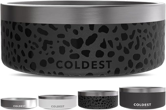 Coldest Dog Bowl - Anti Rust Metal, Non Slip, 3 Layers Insulated Stainless Steel Dog Bowls - Spill Proof & Heavy Duty - Water Bowl for Dogs, Cats & Pets, Dish Washer Safe (64 oz, Black Leopard)