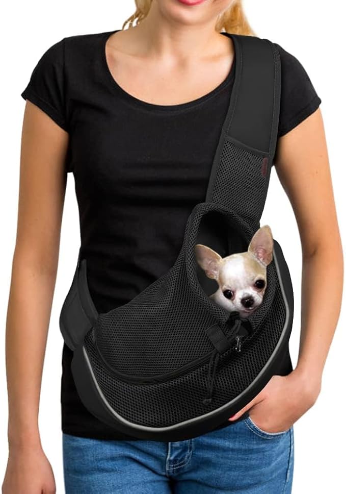 YUDODO Pet Sling Carrier for Small Dogs & Cats – Hands-Free Puppy Carrier with Safety Hook, Large Zipper Pocket, Soft Breathable Mesh, Adjustable Strap & Reflective Strip (Black 2.0 S)
