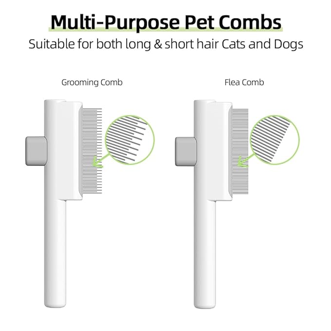 Marchul 2Pcs Pet Comb Flea Comb Set for Cats Dogs, Cat Grooming Brush with Release Button and Stainless Steel Round Teeth, Self-Cleaning Dog Combs for Removing Pet Hair, Knots & Loose Fur, White