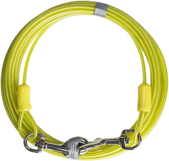 BV Dog Tie Out Cable 15 Feet - Heavy Duty Dog Lead Up to 35 Pounds - Reflective & Rust-Free with Quick Release Swivel Clips & 360° Rotating Clasp - Tangle-Free Dogs Runner for Yard (Yellow, Single)