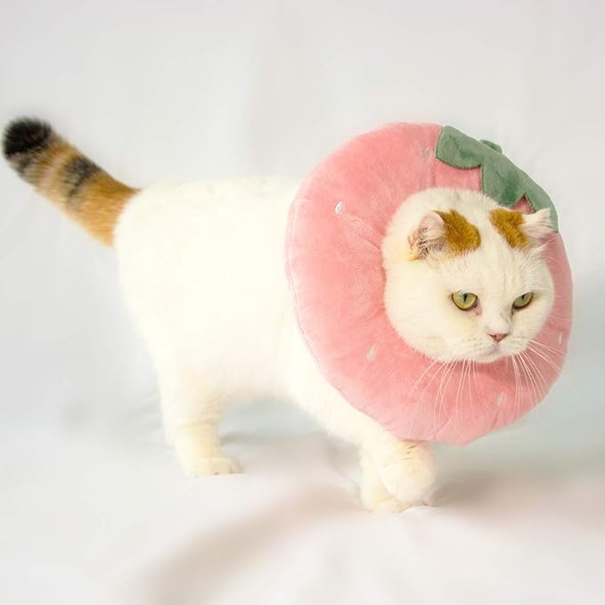 Adjustable Cat Recovery Collar Soft,Cute Pet E-Collar Neck Cone After Surgery Wound Healing Protective Cone Fit for Kitties, Small Dogs(ELC05-strawberry-l)