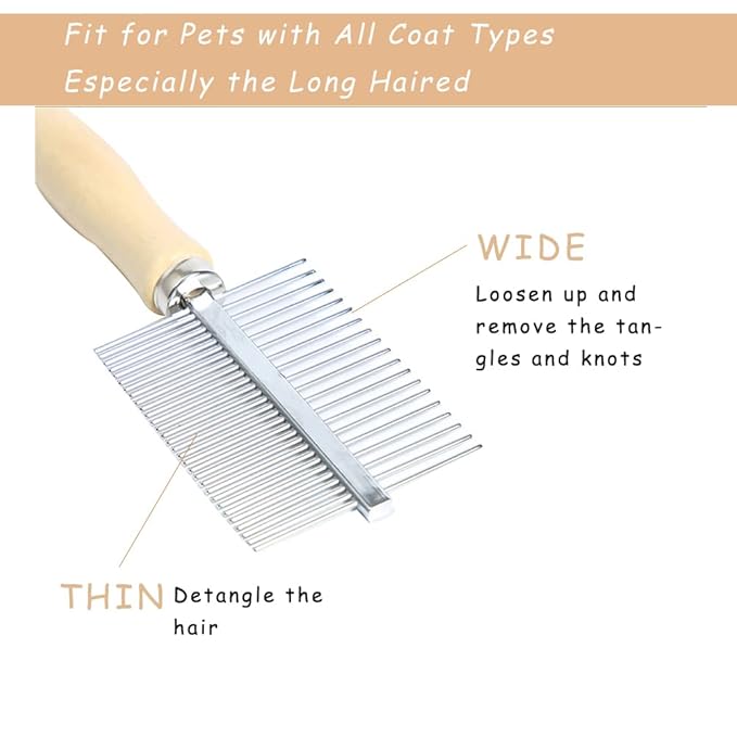 Dog Cat Pet Comb Double-Sided Grooming Brush Metal Comb for Loosening up Removing Mats Debris Tangles and Knots Wooden Handle Stainless Steel Tooth Perfect for Honghair Pets
