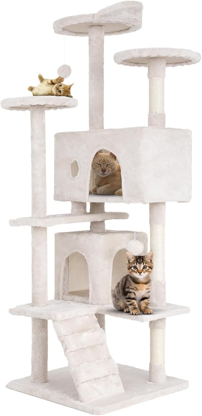 54.7 inches Cat Tower for Indoor Cats, Multi-Level Cat Condos with Scratching Posts, Hanging Toys, Beige