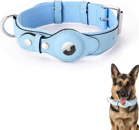 AirTag Dog Collar Soft Leather Webbing Dog Collar for AirTag Provides Double Protection for Small Medium and Large Dogs(Blue,L)