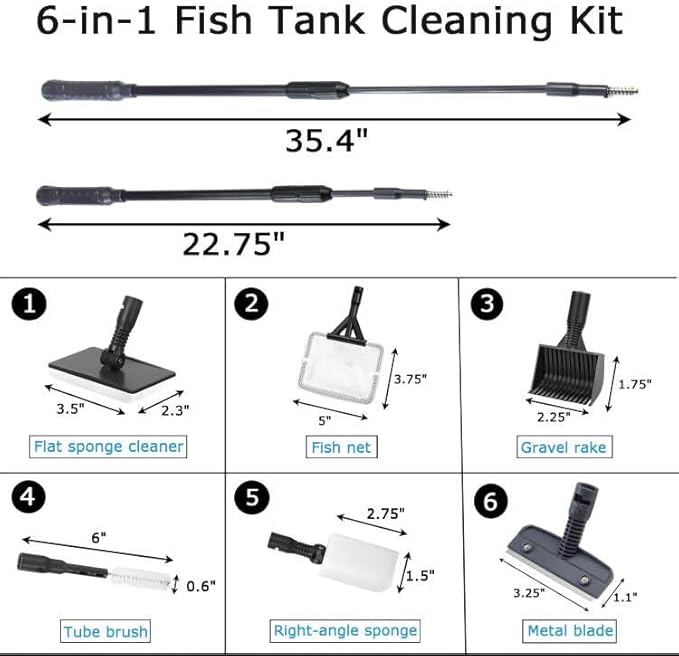 AQUANEAT 6 in 1 Fish Tank Cleaning Tools, Aquarium Cleaner Set with Adjustable Handle, Including Algae Scraper, Sponge Pad, Fish Net, and Brush