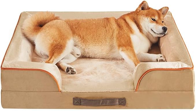 Friends Forever Orthopedic Dog Bed for Medium Dogs, Waterproof Memory Foam Dog Sofa Bed M with Removable Washable Cover, Ally Khaki, 28x23x6.5