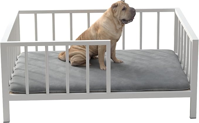 Dog Bed with Rails - Elevated Pet Metal Bed Frame with Solid Wood Board and Washable Soft Mat for Medium Dog Indoor or Outdoor Use, 25.2" x 37.8", White