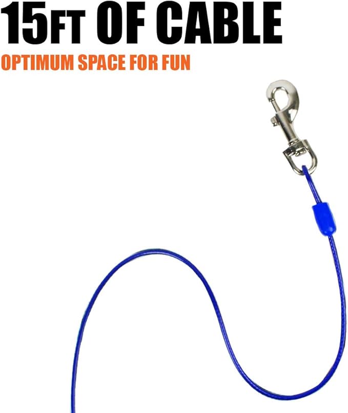 BV Dog Tie Out Cable 15 Feet - Heavy Duty Dog Lead Up to 60 Pounds - Reflective & Rust-Free with Quick Release Swivel Clips & 360° Rotating Clasp - Tangle-Free Dogs Runner for Yard (Blue, Single)