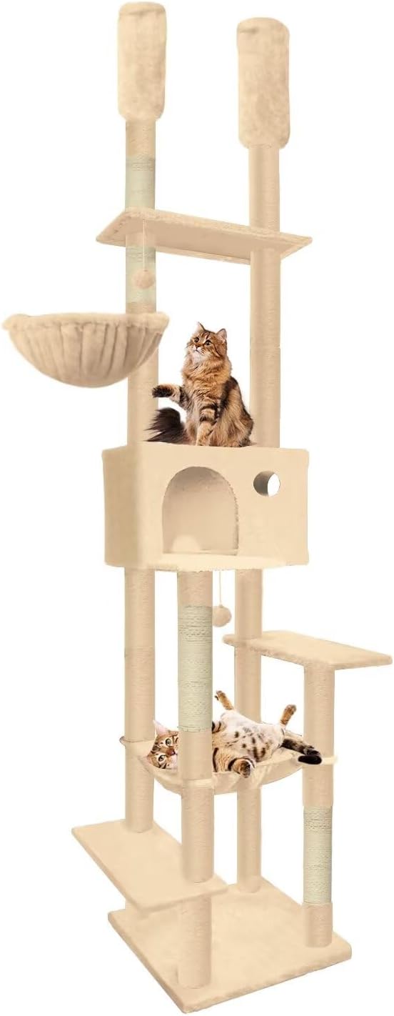 96.5"-108" Cat Tree Floor to Ceiling 7-Tier Cat Tower Adjustable Height with Scratching Posts, Cozy Hammock, Cat Condo for Indoor Cats(Beige)