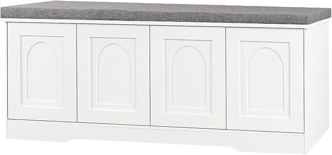 DINZI LVJ Shoe Bench, Entryway Storage Bench with Doors, Cushion, 2-Tier Shoe Rack with 8-Cubby, 47.2”L x 13.8”W Shoe Organizer Cabinet, Adjustable Shelf, Living Room, Bedroom, White