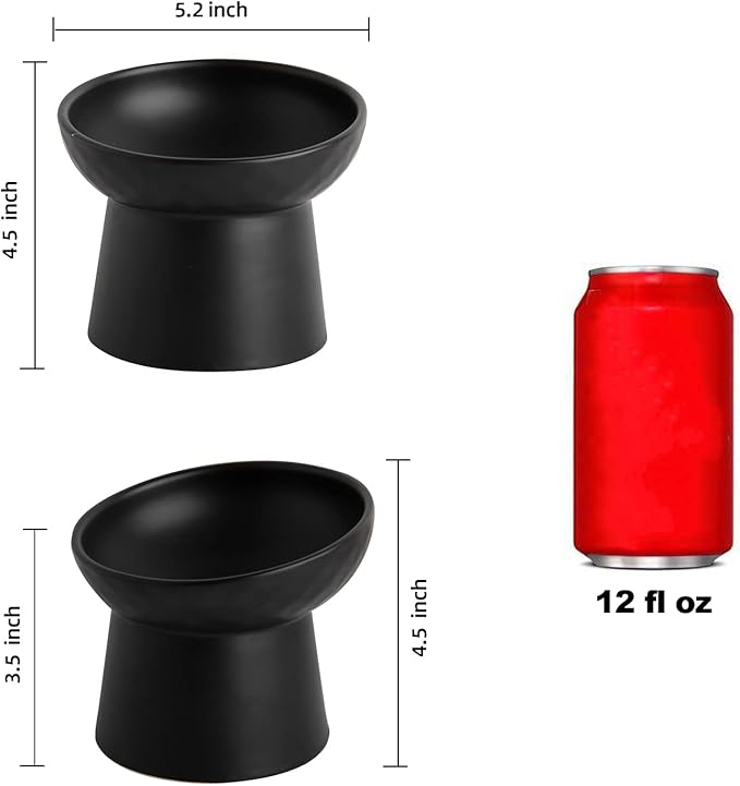 Ceramic Raised Cat Bowls, Elevated Tilted Cat Food and Water Bowls Set, Porcelain Stress Free Pet Feeder Dish for Cats and Small Dogs, Dishwasher and Microwave Safe, Set of 2(Black)