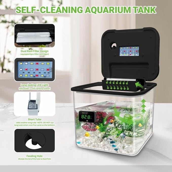 Small Fish Tank Kit, 1.8-Gal Aquarium Kit with Digital Thermometer and Temporary Tank, Self-Cleaning & 18 LED Lights, Lightweight & Shatter-Resistant Betta Fish Tank (Black)