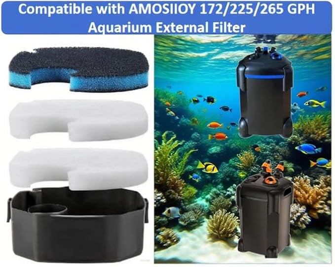 Compa tible with AMOSIJOY 172/225/265 GPH Tank Filters, 6 Pack of White Fine Filter Pads + 2 Coarse Sponge Inserts for PondForse Aquarium Filters (8 Pads Total)