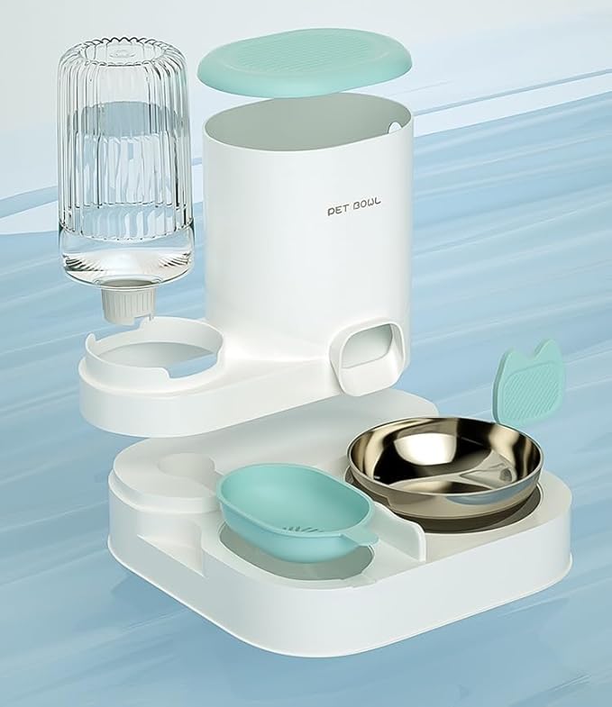 Automatic Cat Feeder & Water Dispenser - Dual Container for Dry/Wet Food, Two-in-One Upgraded Gravity Feeder and Water Dispenser Combo Set for Cats and Dogs.(Yellow)