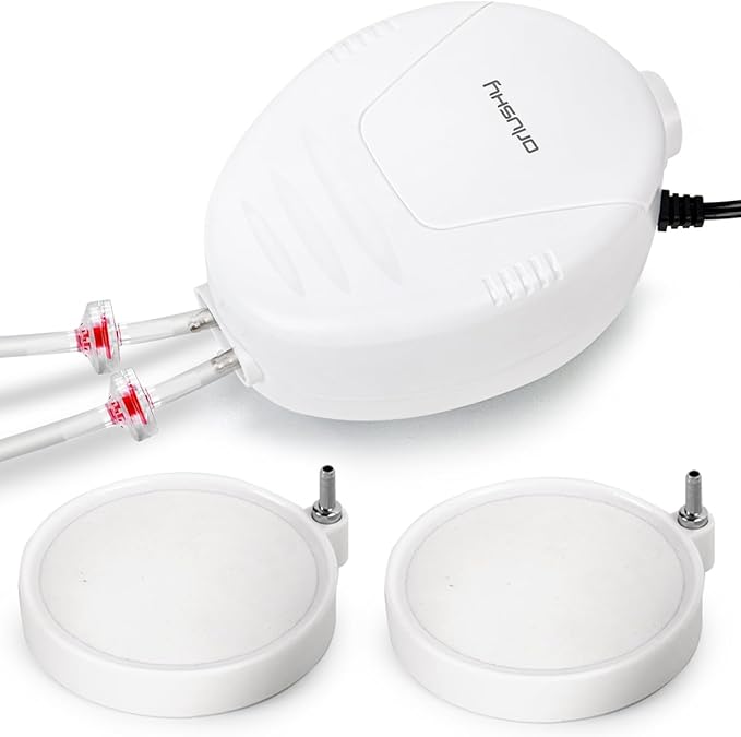 Orlushy Silent Aquarium Air Pump, Dual Outlet Adjustable Oxygen Aerator with 2 Air Stones Airline Tubing Check Valves for up to 600 Gallon Fish Tank, Hydroponic Bucket System, Bedroom Bubble Wall