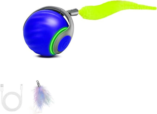 Speedy Tail 2.0 Interactive Cat Toy – Smart Self-Rolling Cat Ball with Feather Tail, Automatic Moving Motorized Toy for Indoor Cats, Chasing & Hunting Fun (Blue)