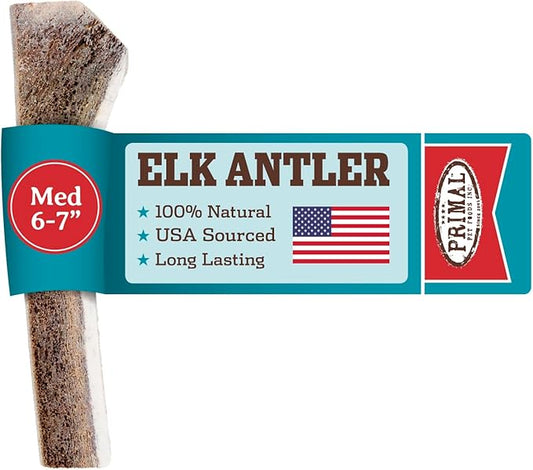 Primal Antlers for Dogs, Grade A Split Elk Antlers for Medium Canines 15-30 lb, Natural Chews for Aggressive Chewers, Naturally Shed, Long Lasting Dog Bones, 1 ct