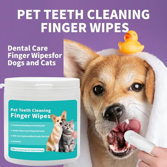 YUHUF-2Packs Teeth Cleaning Finger Wipes for Dogs & Cats, Pet Dental Care by Reducing Plaque and Tartar Remove Bad Breath, Disposable Gentle Gum Care Pet Wipes, (50 Count x2)