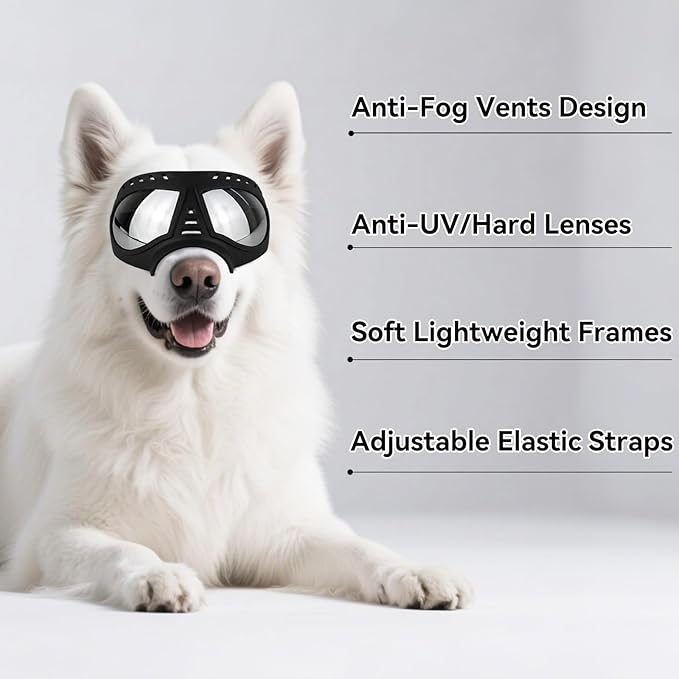 Dog Goggles Windproof for Medium-Large Breeds Dog Sunglasses Anti-UV with Adjustable Straps - Black