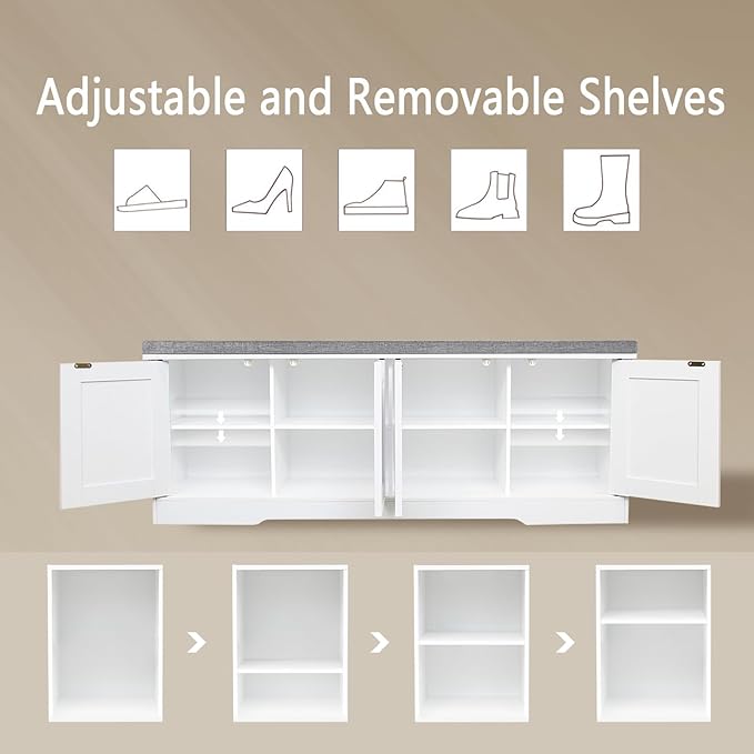 DINZI LVJ Shoe Bench, Entryway Storage Bench with Doors, Cushion, 2-Tier Shoe Rack with 8-Cubby, 47.2”L x 13.8”W Shoe Organizer Cabinet, Adjustable Shelf, Living Room, Bedroom, White