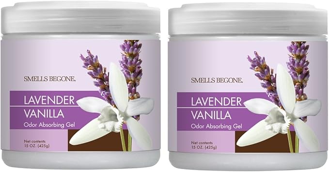 SMELLS BEGONE Air Freshener Odor Absorber Gel - 15 oz, Pack of 2 - Absorbs and Eliminates Odor in Pet Areas, Bathrooms, Cars, & Boats - Made with Essential Oils - Lavender Vanilla Scent