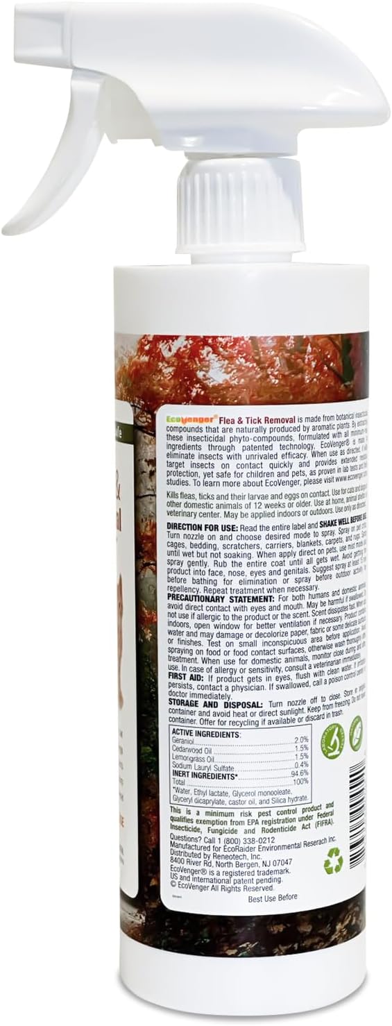 EcoVenger Flea & Tick Removal Spray 16oz for Dogs and Cats, Protects from Fleas, Mites, Ticks & Mosquitoes, eliminates+ Repels+ Housekeeping, Indoors/Outdoors, Plant-Based Formula Safe for Pets & Kids