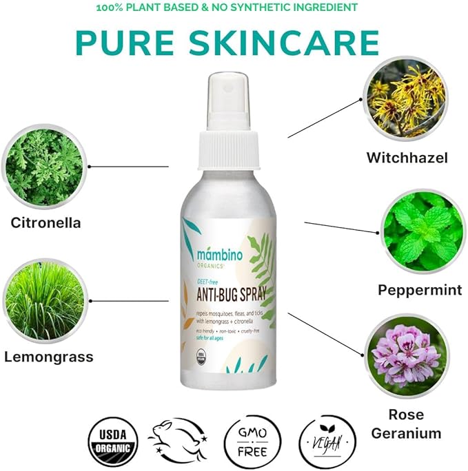 Anti-Bug Spray DEET-Free – Organic, All-Natural Bug Spray Travel Size with Essential Oils – Non-Toxic, Reef Safe, Face-Safe Bug Repellent for Babies, Kids, Adults by Mambino Organics, 2.7oz