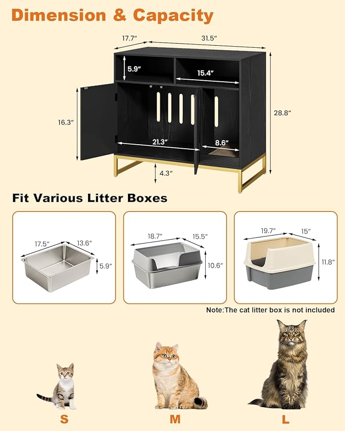 Cat Litter Box Enclosure, Large Hidden Pet Storage Cabinet Furniture with Waveform Fluted Doors & Scratching Pad, Modern Wooden Cat House Indoor for Washroom, Living Room, Bedroom, Black