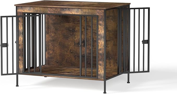 Dog Crate Furniture 40" Sturdy Heavy Duty Dog Kennel Solid Metal Tube Thick Wooden with 3 Lockable Doors Single Dog Cage Large Breed as TV Stand End Table for Large Dog Rustic Brown