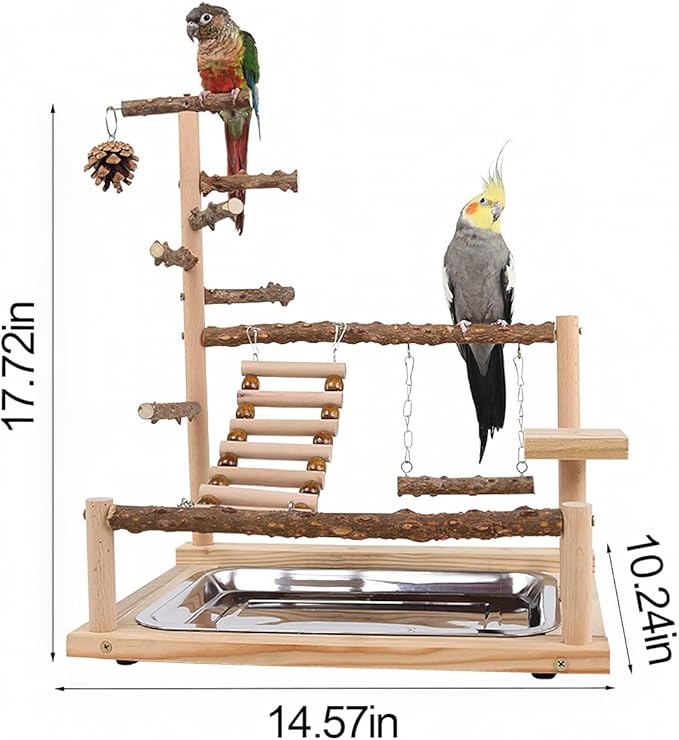 Bird Playground, Parrot Perch Stand, Natural Wood Bird Play Stands for Cockatiel Wood Perch Gym Playpen Ladder with Removable Tray and 2 Stainless Steel Cups, Bird Cage Accessories, Parrot Swing