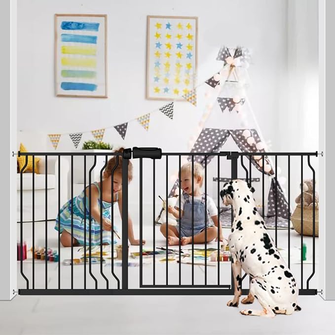 Fairy Baby Walk Through Baby Gate 38.5-43.5 Inch Wide, Pressure Mounted Safety Gate with Door No Drill, Black Tension Metal Gate for Dog and Toddler