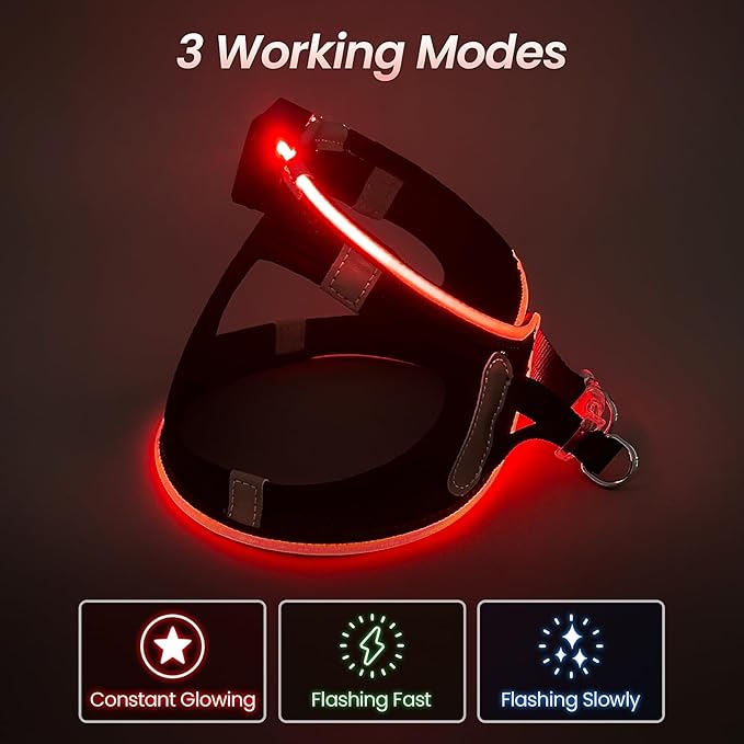 PceoTllar Light Up Dog Harness, LED No Pull Reflective Dog Harness, Flashing Lighted for Night Walking - Small/Medium, (Black Red,L)