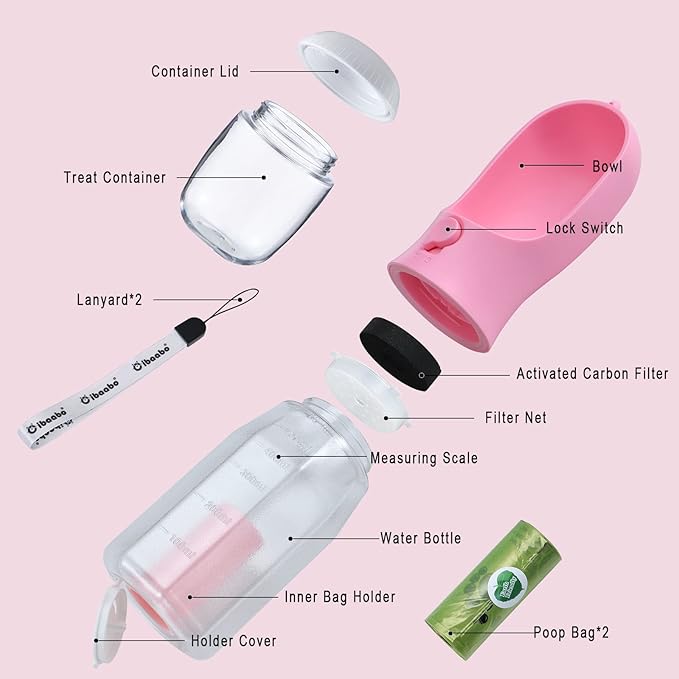 Dog Water Bottle with Food Container & Poop Bag Holder, Travel Water Bowl, Portable Pet Dispenser, Girl Dog Accessories Stuff Items Essentials Gift for Yorkie Chihuahua Walking Hiking