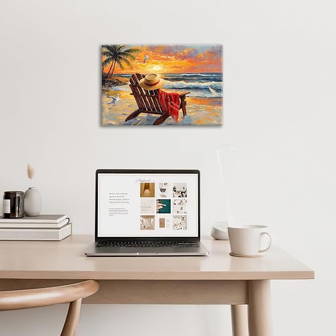 Beach Coastal Bathroom Pictures Wall Art, Seaside Ocean Bathroom Wall Decor, Sunrise Palm Framed Painting Canvas Artwork for Bedroom Living Room Decorations 24"L x 16"W