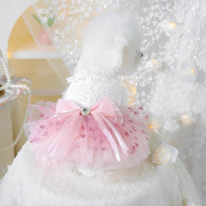 Dog Princess Dress with Heart Patterns & Bow Puppy Clothes for Small Dogs Girl Fancy Cat Birthday Outfit Pet Wedding Dresses (Pink White, Small)