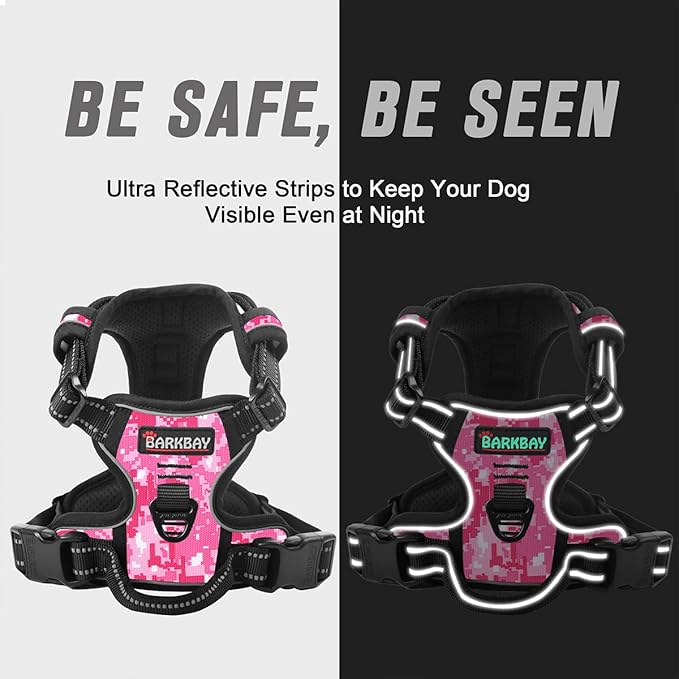 BARKBAY No Pull Dog Harness Front Clip Heavy Duty Reflective Easy Control Handle for Large Dog Walking(Pink camo,XL)