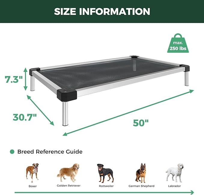 FXW TitanNest Chew-Proof Elevated Dog Bed, Raised Cot for Indoor/Outdoor/Camping Use, Durable & Waterproof Cooling Pet Bed for Large Dogs, 50.0" L x 31.0" W x 7.3" H, Black