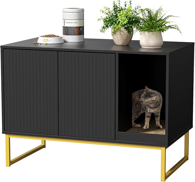 Cat Litter Box Enclosure, Fluted Hidden Litter Box Furniture with Scratch Pad and Metal Legs, Modern Enclosed Cat Cabinet, 31.5 x 17.7 x 21.7 Inches Indoor Pet House for Living Room, Washroom, Black