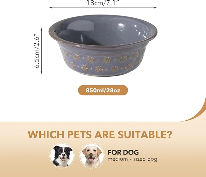 Ceramic 7.1inch Set of 2 Dog Bowls for Medium and Large Dog, 2pcs Basic Food and Water Dishes for Replacement, Wide Opening Rounded Edge (2 Bowls, Reactived Glaze -Grey)