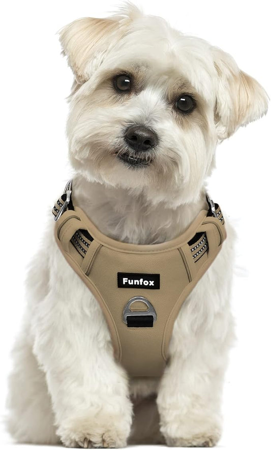 Funfox Dog Harness No Pull, Adjustable Pet Vest Harness, Super Soft Material with Vertical Handle Easy Control, Reflective Night Walking, 2 Leash Clips for Small Sized Dogs, Brown, S