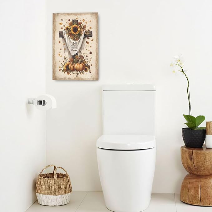 Christian Fall Wall Art Autumn Rustic Cross Sunflower Pumpkin Wall Decor Fall for Jesus He Never Leaves Pictures Painting Print Framed Artwork Decorations Gifts for Living Room Bedroom Prayer Room Office 16"x24"